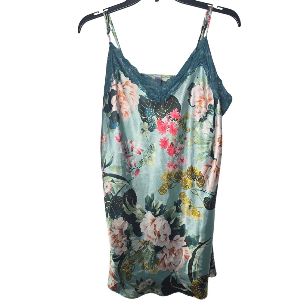 Lilac + London Floral Satin Chemise Mini Slip Dress L Lace‎ Cottage Boho Summer